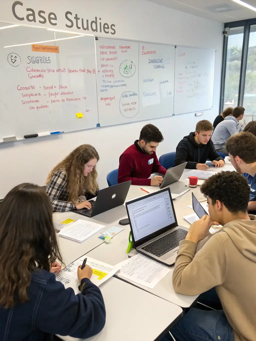 A diverse group of students collaborating on a cybersecurity project, showcasing teamwork and problem-solving skills.