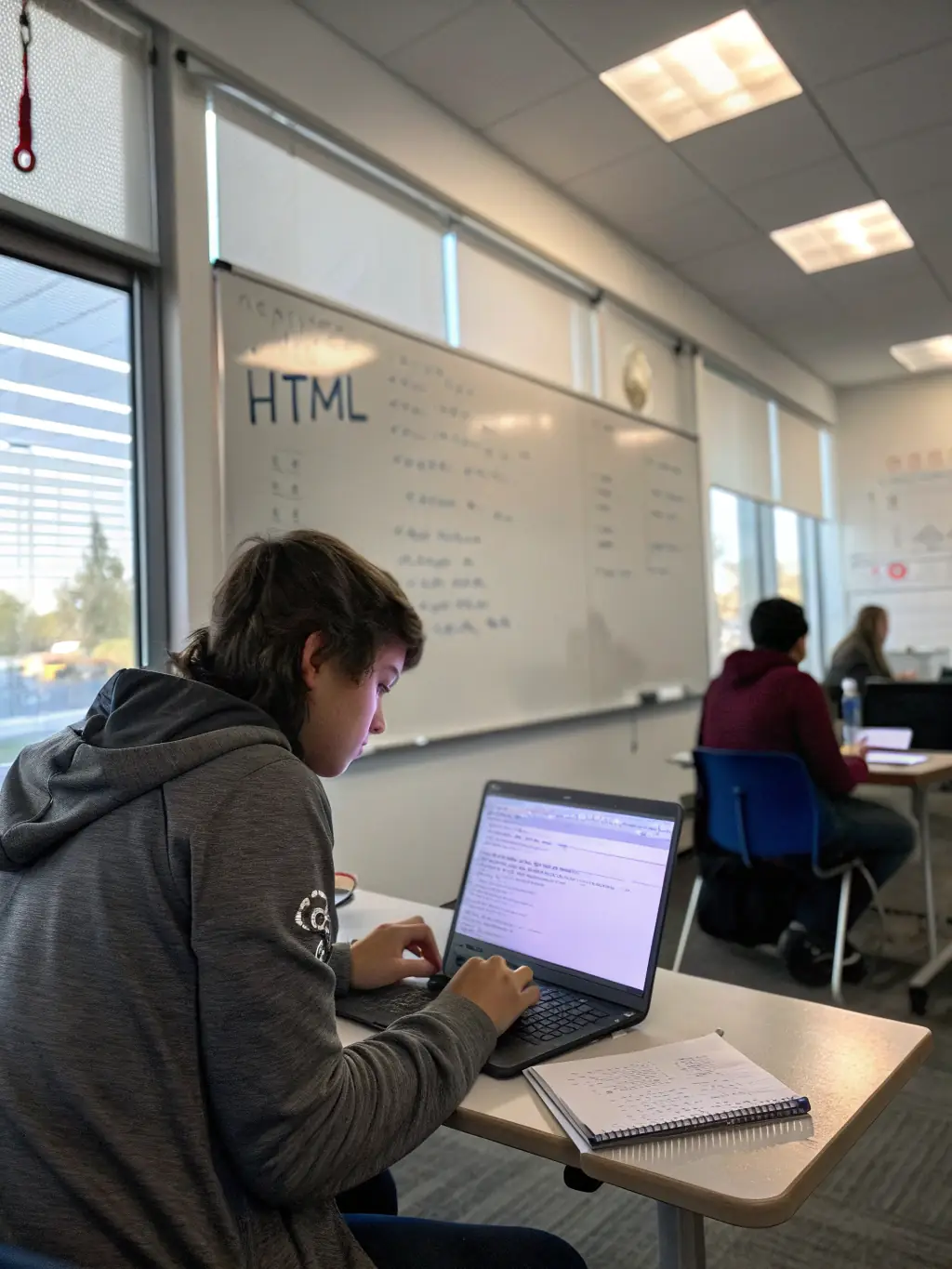 A focused close-up shot of a student's hands typing code on a laptop during a cybersecurity exercise, emphasizing the practical skills learned in the bootcamp.