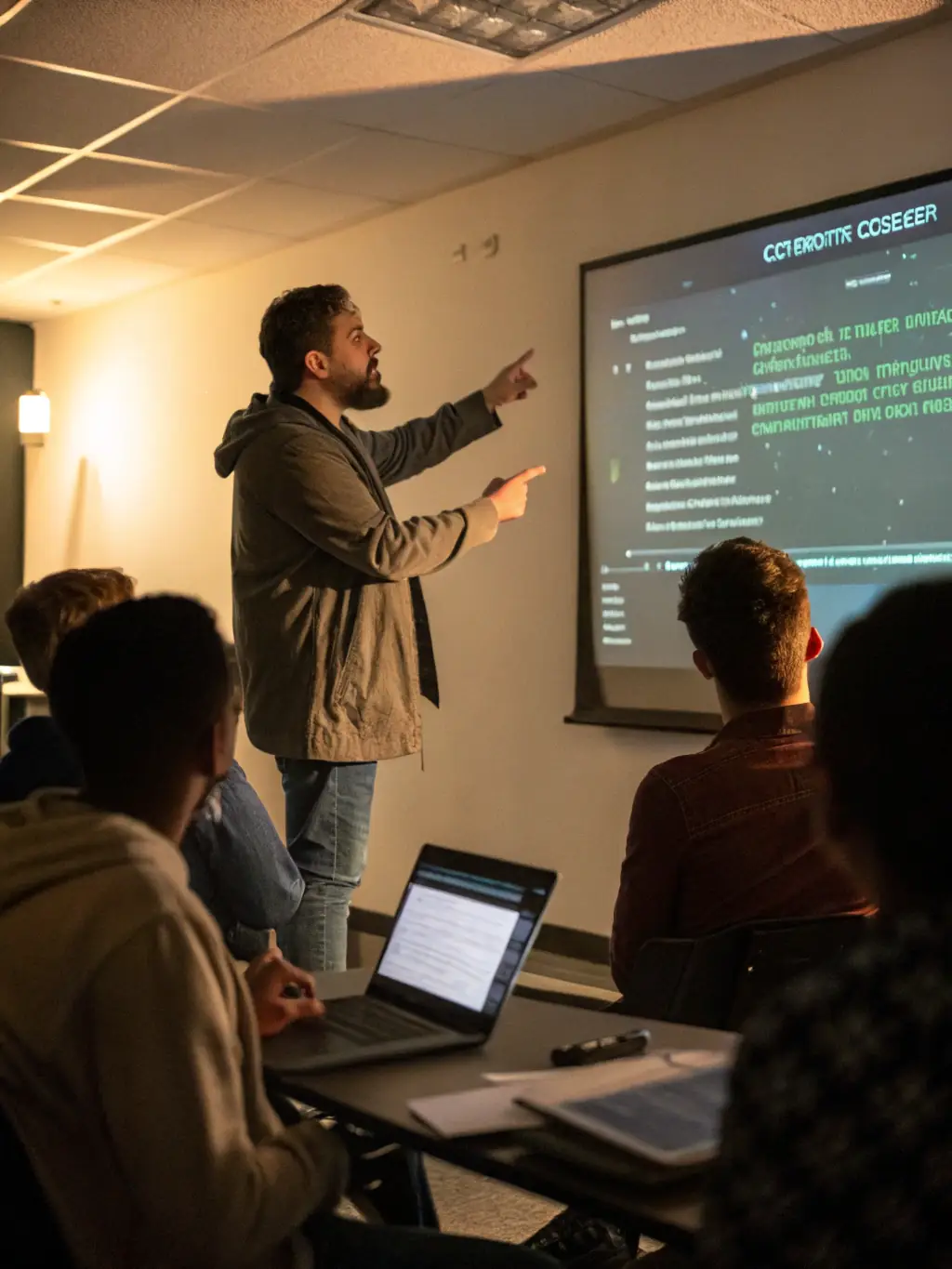 An instructor leading a cybersecurity lecture, with a whiteboard displaying key concepts and diagrams.